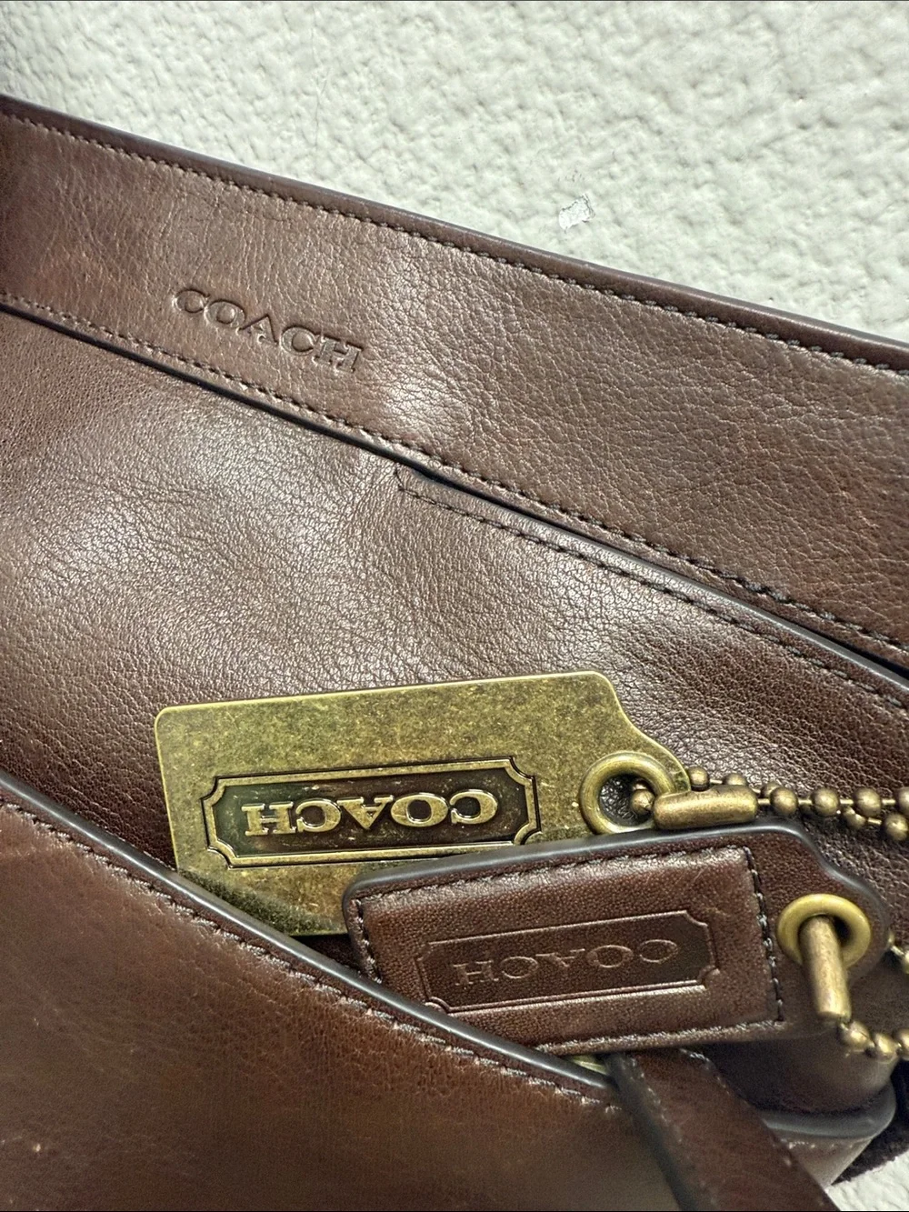 Coach Dark Brown Leather Messenger Bag with Brass Tags
